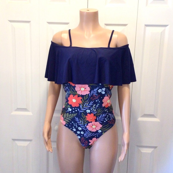 NWOT Shein Blue & Pink Floral Ruffle Off The Shoulder One Piece Swimsuit 3XL - Picture 1 of 11